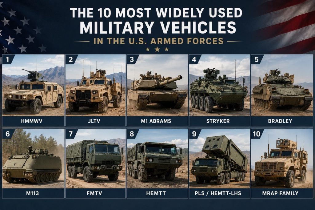 Professional collage featuring the 10 most widely used U.S. Armed Forces military vehicles, including the HMMWV, Joint Light Tactical Vehicle (JLTV), M1 Abrams main battle tank, Stryker armored vehicle, Bradley Fighting Vehicle, M113 armored personnel carrier, Family of Medium Tactical Vehicles (FMTV), Heavy Expanded Mobility Tactical Truck (HEMTT), Palletized Load System (PLS/HEMTT-LHS), and MRAP family vehicles, highlighting tactical mobility, armored combat capabilities, military logistics, fleet sustainment, and defense operations.