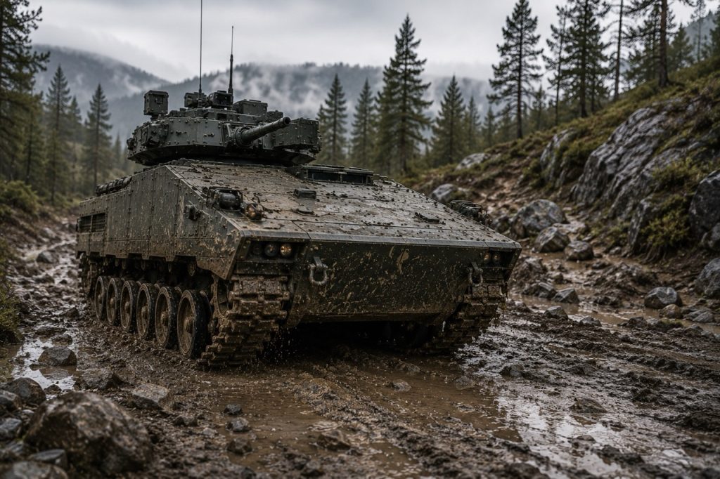 Tracked armored combat vehicle navigating muddy and rocky terrain during military field operations, highlighting suspension durability, off road mobility, preventive maintenance and defense fleet readiness.
