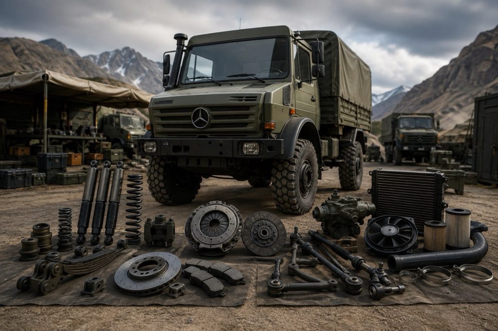 Um caminhão militar Mercedes-Benz Unimog que navega em terreno off-road durante uma missão logística de campo em condições operacionais desafiadoras.