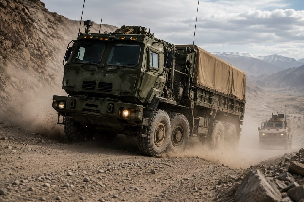 Heavy military logistics vehicles operating through rugged mountain terrain, highlighting the importance of reliable braking systems during tactical convoy missions.