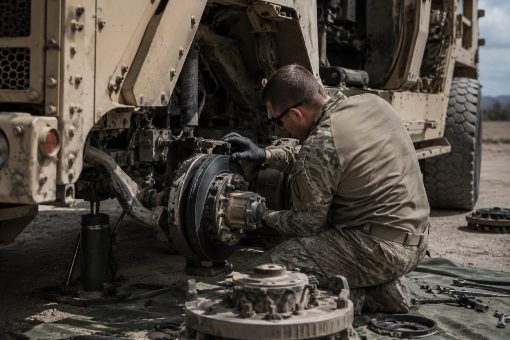 Military maintenance technician inspecting brake components on a tactical vehicle during field maintenance, showing preventive inspection of hydraulic and mechanical braking systems.