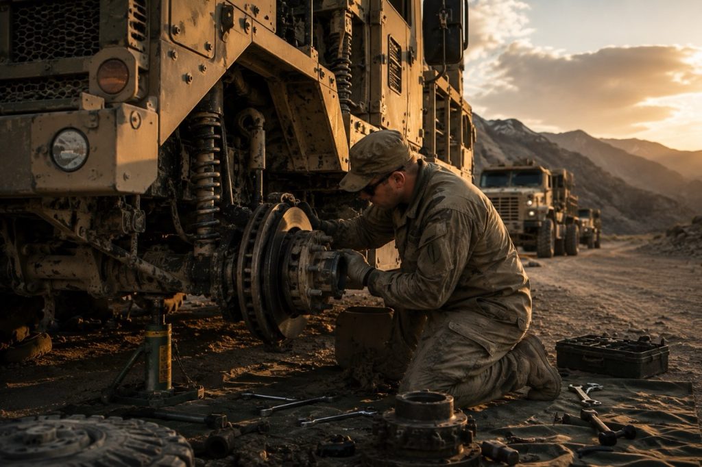 Military mechanic servicing worn brake assemblies on a tactical vehicle in a harsh operational environment to prevent brake overheating, wear, and system failures.