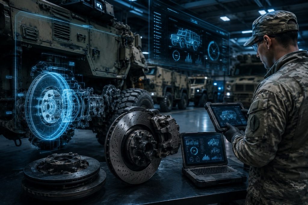 Advanced military vehicle brake diagnostics using digital health monitoring, predictive maintenance software, and next-generation electronic braking technologies.