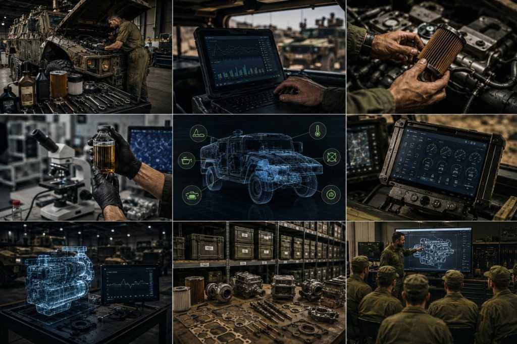 Military fuel filters and fuel system components showing contamination inspection during preventive maintenance.