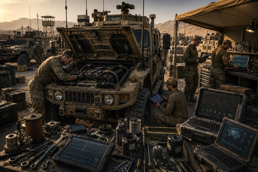 Engine lubrication system components including oil passages and bearings being inspected inside a military diesel engine.