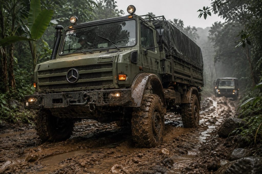 Mercedes-Benz Unimog tactical vehicle operating through muddy jungle terrain during military operations, demonstrating durability in high-humidity conditions where frequent maintenance and corrosion prevention are essential.