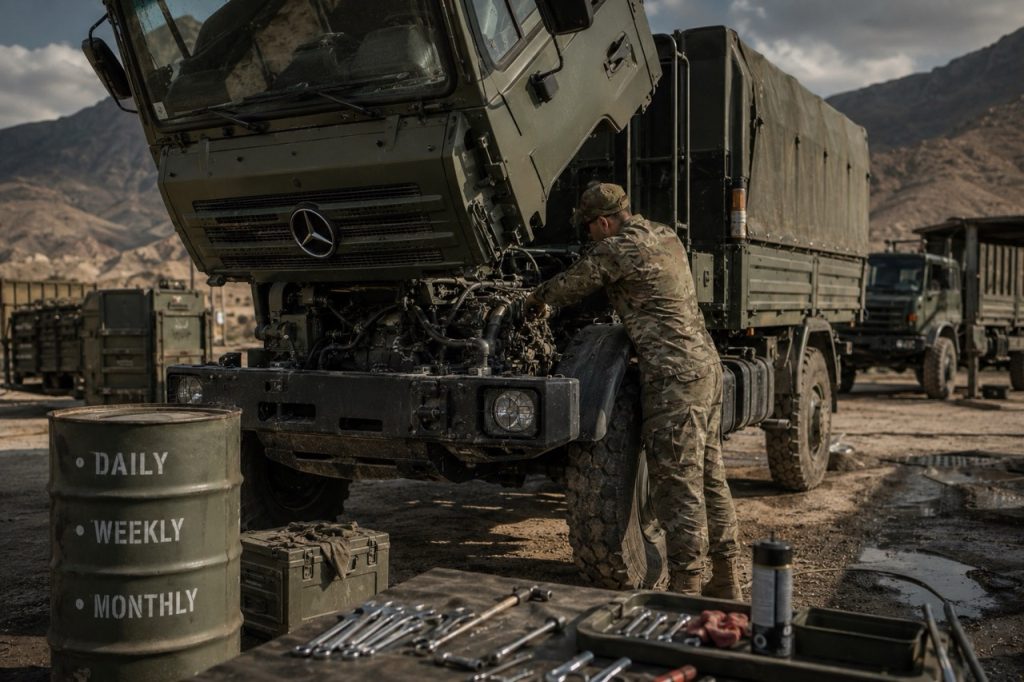 Military maintenance personnel servicing a Mercedes-Benz Unimog tactical vehicle at a forward operating base, performing scheduled inspections, drivetrain checks, and preventive maintenance in demanding field conditions.