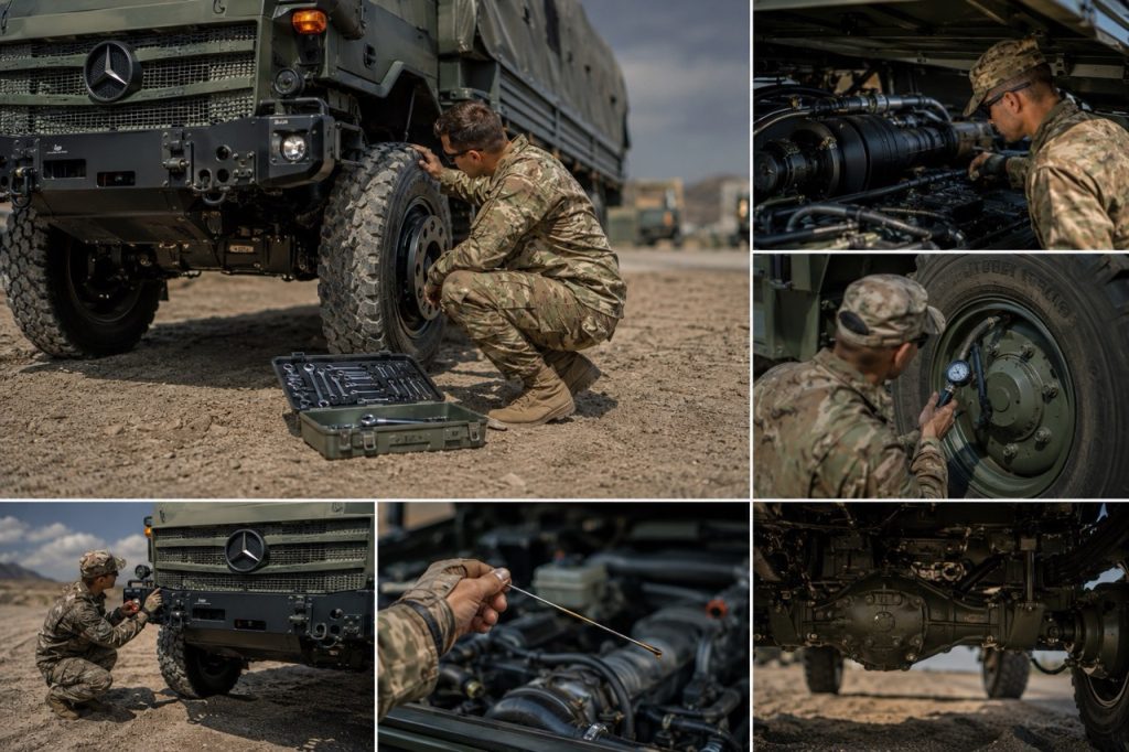 Military mechanic conducting a field inspection on a Mercedes-Benz Unimog tactical truck, checking critical components before deployment in a harsh desert operational environment.