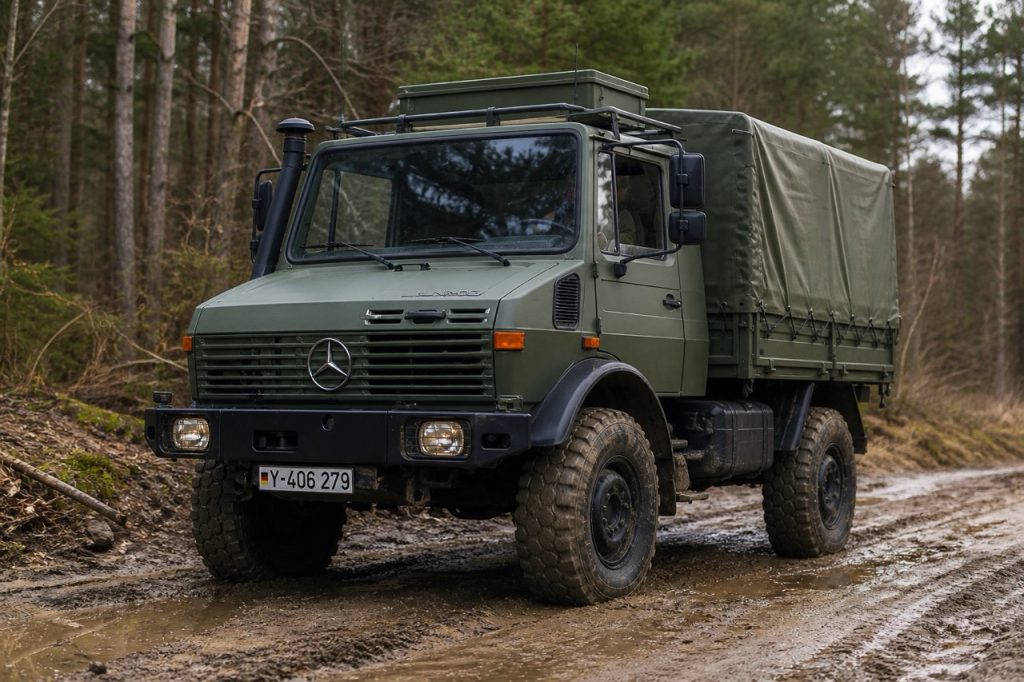 Visão detalhada dos componentes essenciais da Mercedes-Benz Unimog, incluindo suspensão, freio, embraiagem, tração e peças do sistema de arrefecimento utilizados na manutenção da frota militar.