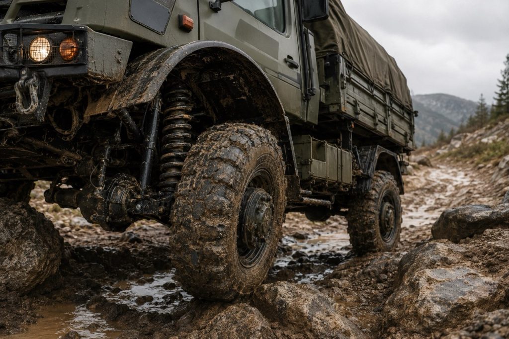 Military Unimog operating through muddy, rocky terrain where heavy loads, water, debris, and continuous off-road use contribute to suspension wear and component fatigue.