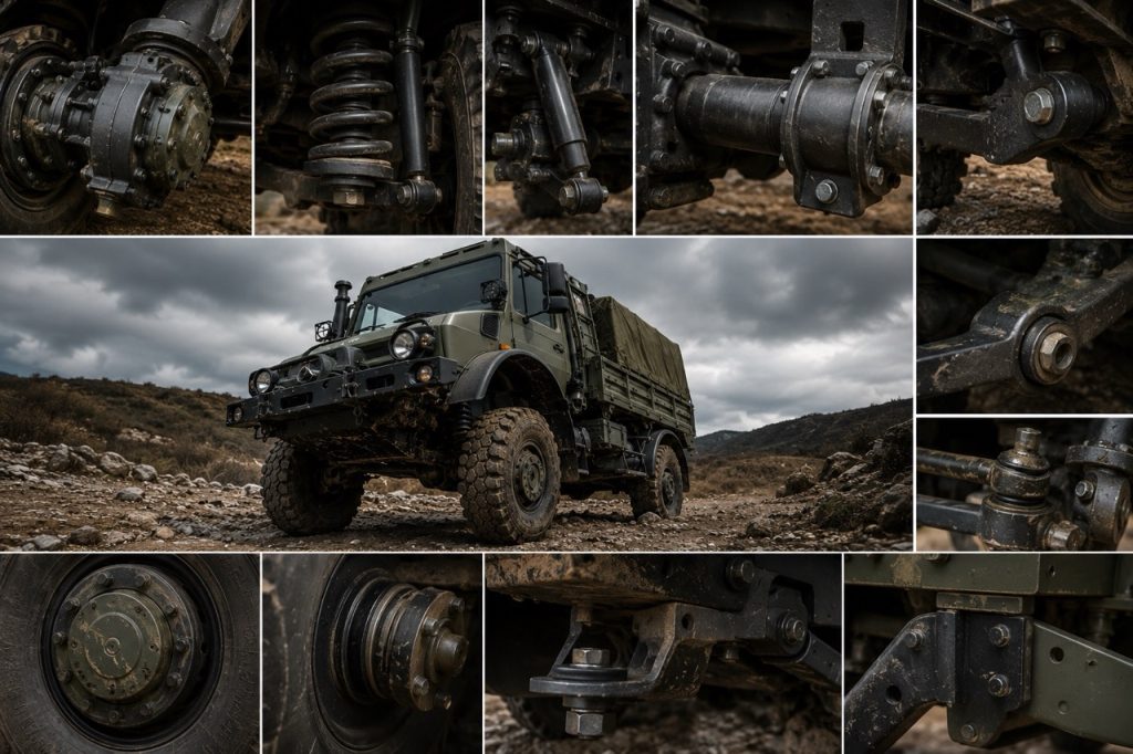 Close-up of a military Unimog suspension assembly displaying portal axle, coil spring, shock absorber, steering linkage, and chassis components during field maintenance inspection.