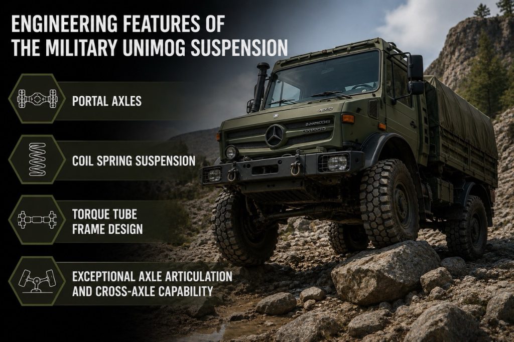 Military Unimog highlighting key suspension engineering features including portal axles, coil spring suspension, torque tube frame, and cross-axle mobility during rugged field operations.