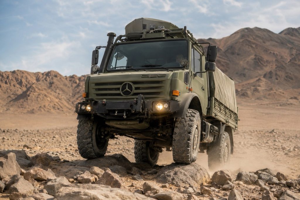 Mercedes-Benz Unimog military truck driving across rocky desert terrain, demonstrating high ground clearance, portal axles, and off-road mobility for defense logistics operations.