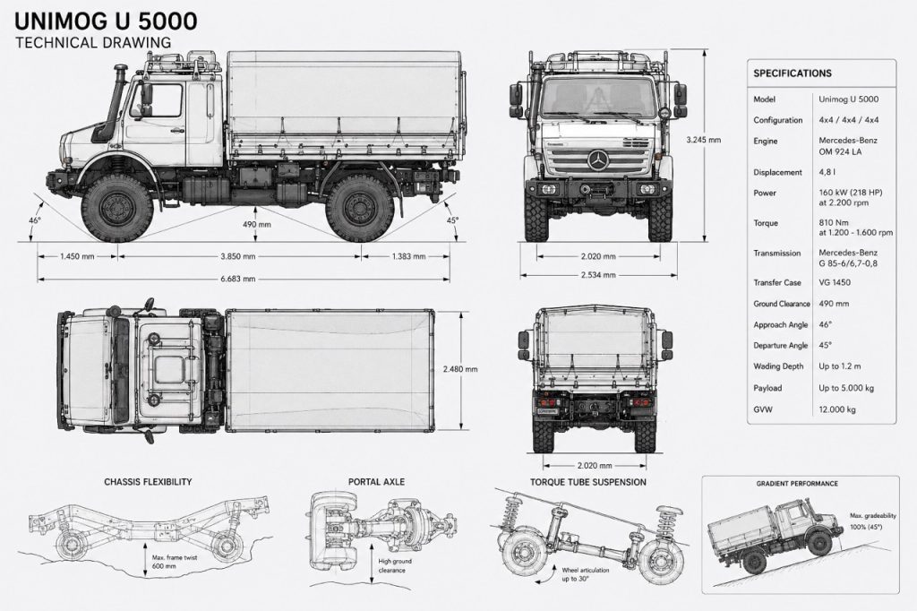 Technical engineering drawing of the Mercedes-Benz Unimog U5000 showing portal axles, torque tube suspension, dimensions, and key off-road specifications for military applications.
