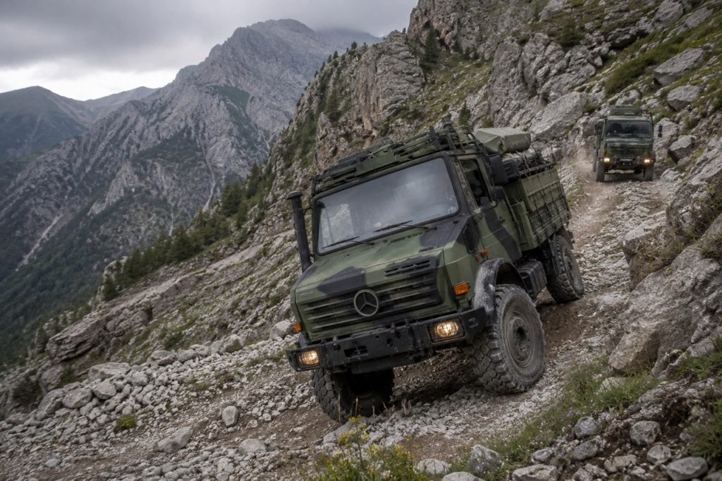 Mercedes Benz Unimog military truck traversing steep rocky mountain trails with high axle articulation and exceptional off-road performance during tactical operations.