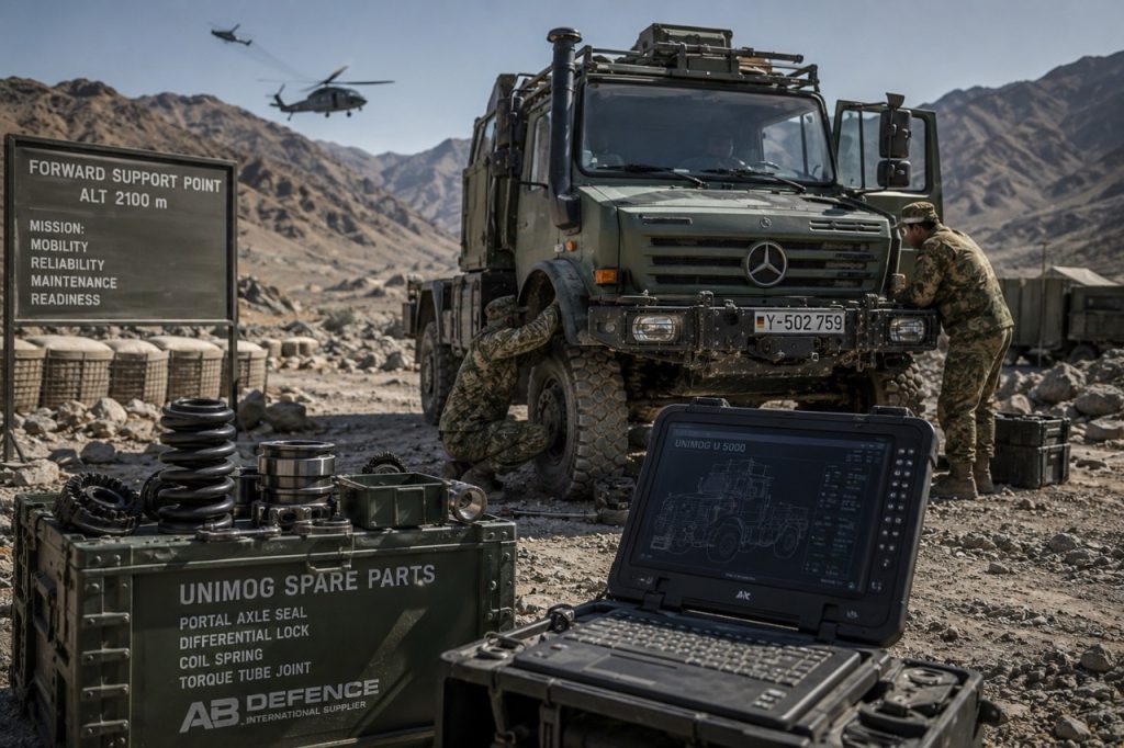 Military technicians performing field maintenance on a Mercedes-Benz Unimog using spare parts and diagnostic equipment to ensure operational readiness in harsh deployment environments.