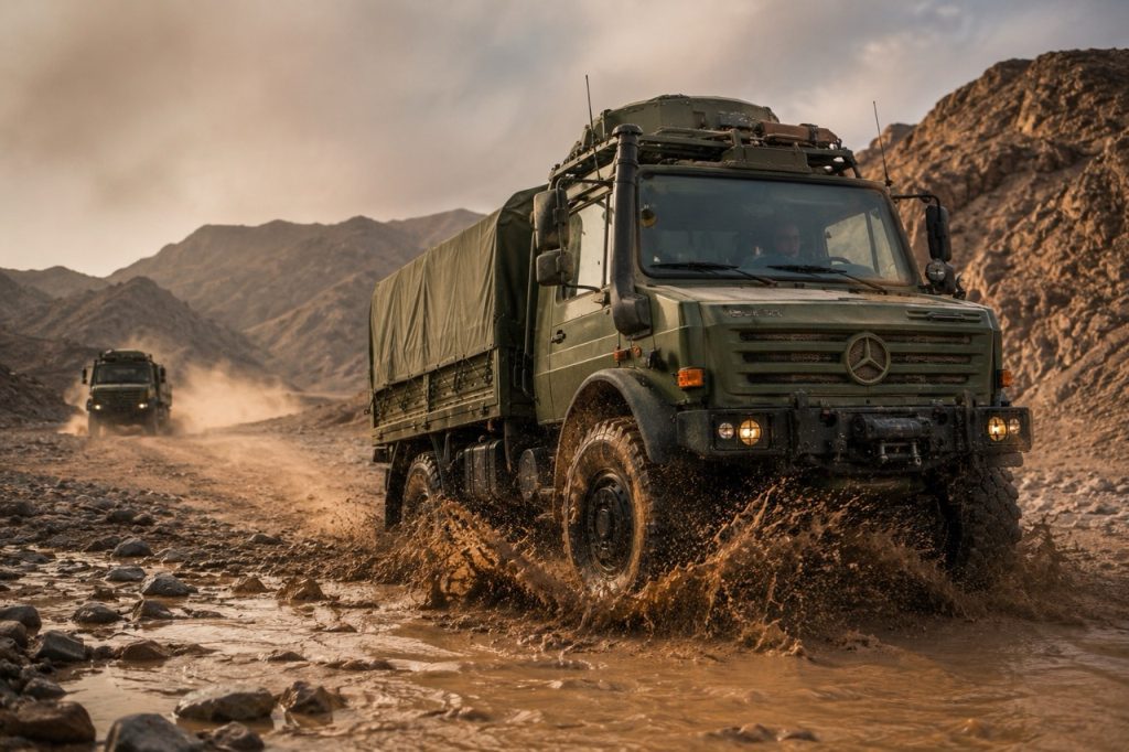 Military Unimog convoy crossing a rocky water obstacle in desert terrain, showcasing superior traction, suspension articulation, and tactical mobility in extreme environments.
