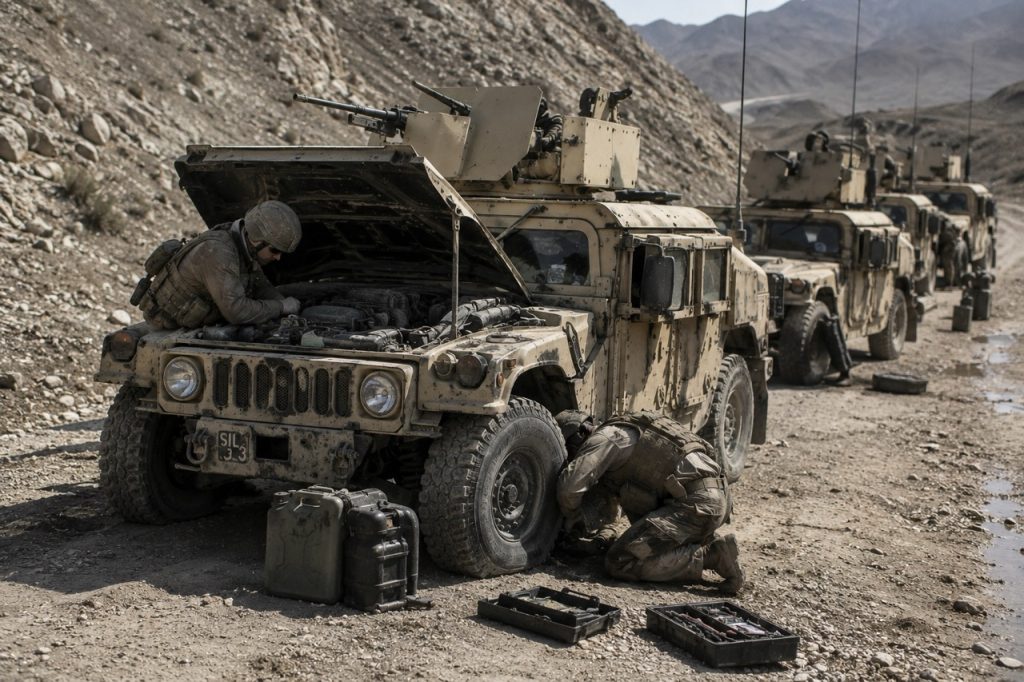 Field repair of a military HMMWV highlighting the importance of preventive maintenance to reduce downtime and lifecycle costs.