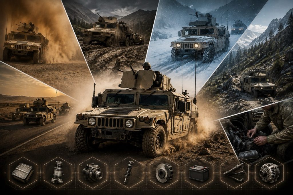 Military technicians performing field maintenance on a HMMWV while a convoy waits during a deployed mission.