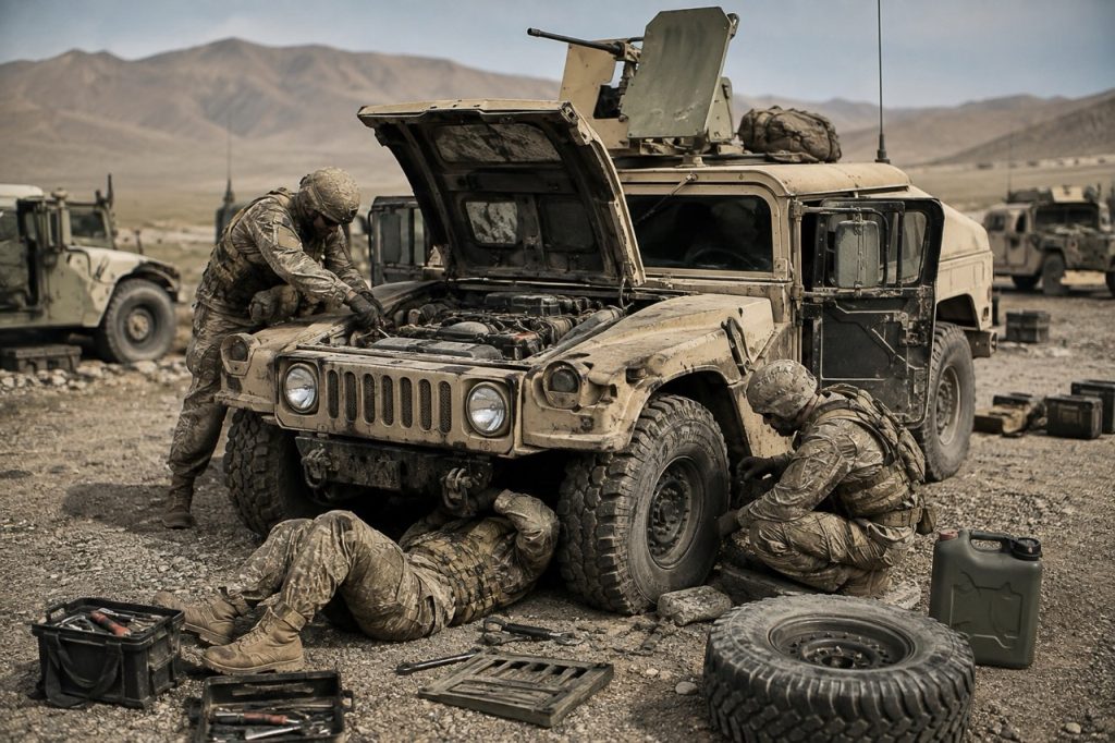 Military HMMWV operating in harsh desert terrain during extended field operations under demanding combat conditions.