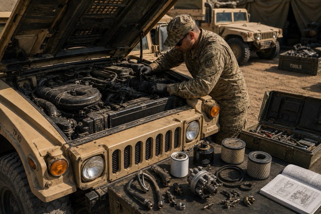 Armored HMMWV vehicles travel through a dusty desert mountain route during a military field operation, demonstrating mobility and reliability in harsh off-road conditions.