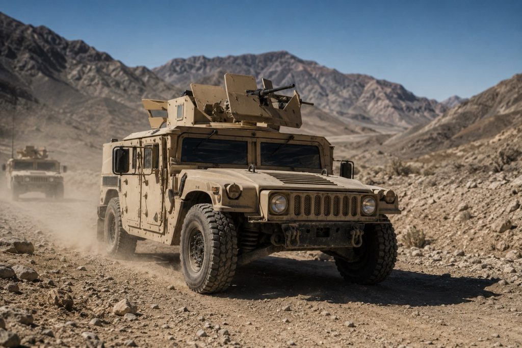 Military technician performs preventive maintenance on a HMMWV engine in a field workshop, inspecting critical engine and cooling system components during deployment.