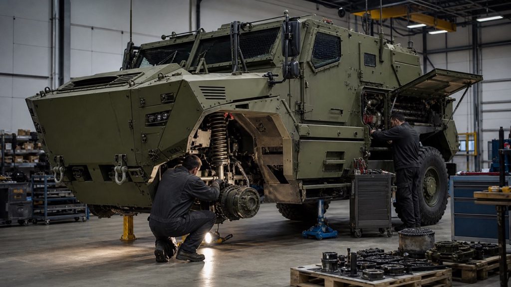 Les techniciens d'entretien inspectent les compartiments de suspension et de service exposés d'un véhicule blindé Kirpi à l'intérieur d'un atelier militaire.
