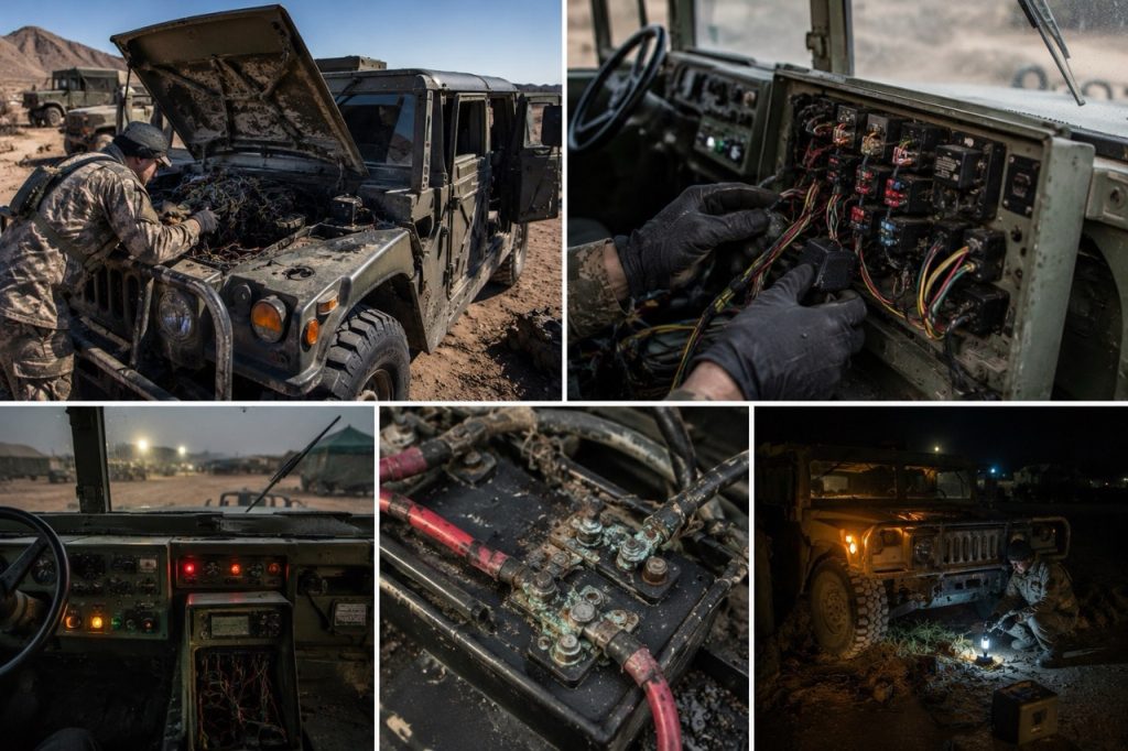 A military Humvee receives electrical diagnostics during heavy snowfall as a field technician inspects the engine wiring and electrical components.