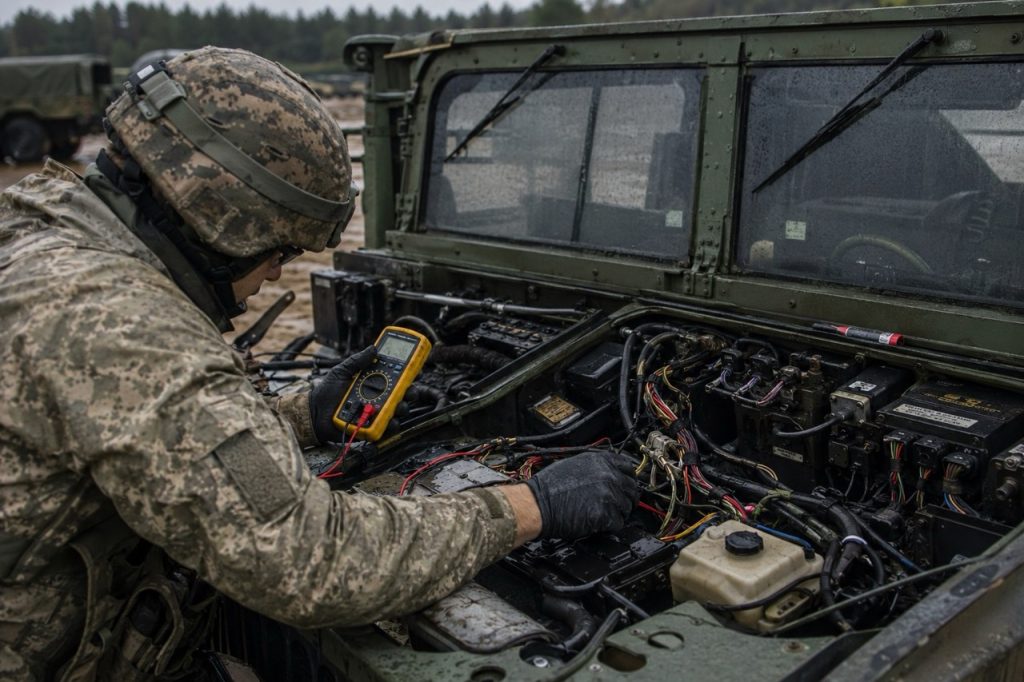 A field mechanic performs electrical troubleshooting on a military Humvee with the hood open during a tactical deployment in a rugged outdoor environment.
