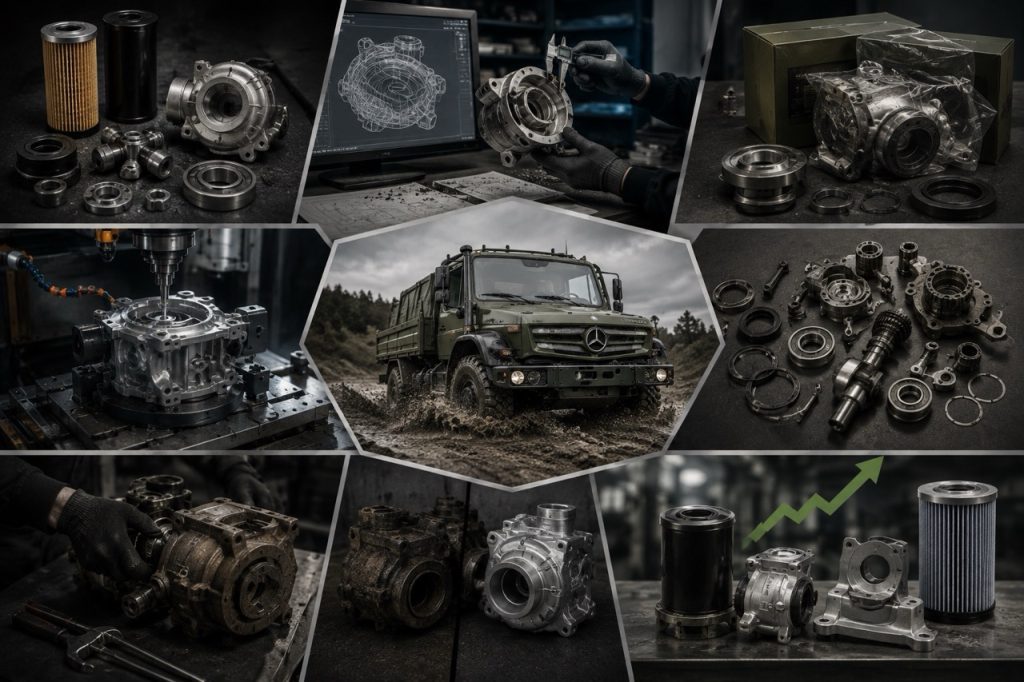 Military Unimog transmission, transfer case, differential, and axle assemblies illustrating high-value components where OEM quality reduces lifecycle maintenance costs.