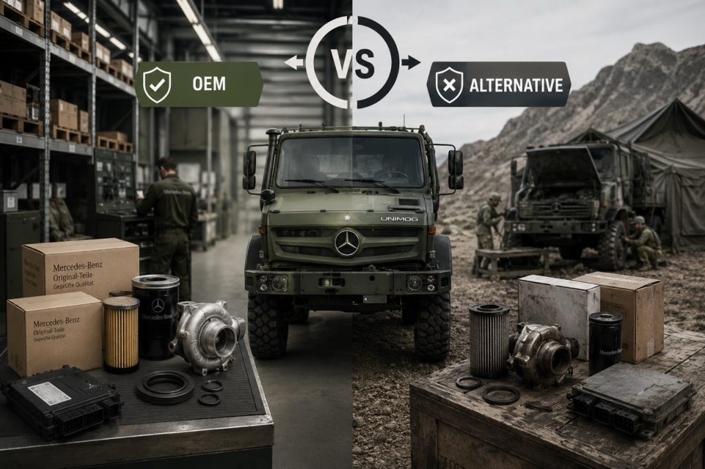 Close-up of a military Mercedes Unimog highlighting mission-critical components including braking system, steering, portal axles, suspension, and drivetrain requiring OEM or certified replacement parts.
