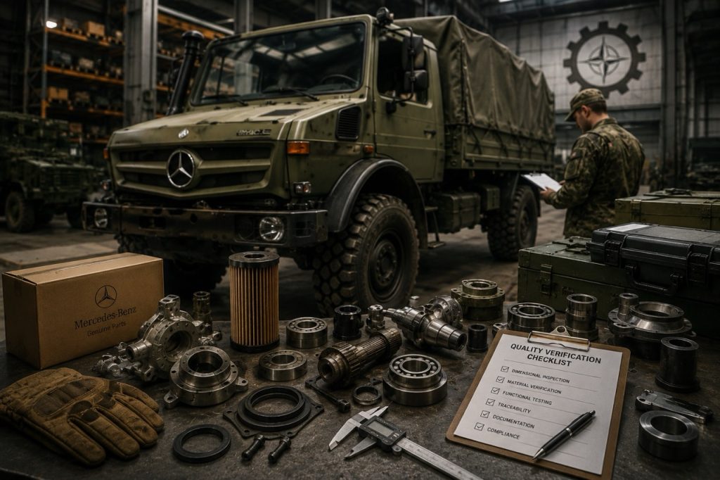 Military Unimog wear components including brake pads, bearings, seals, bushings, and clutch parts used in scheduled preventive maintenance programs.