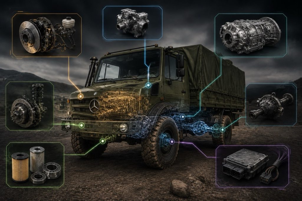 Professional maintenance scene showing filters, sensors, wiring components, fuel system parts, and routine service items for military Mercedes Unimog vehicles under fleet sustainment.
