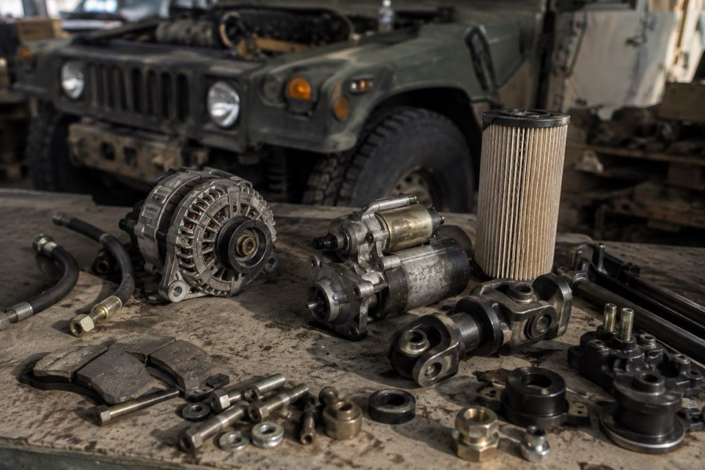 A military HMMWV driving through a rugged off-road landscape with mud, rocks, and dust, demonstrating reliable mobility and durability in harsh operational environments.
