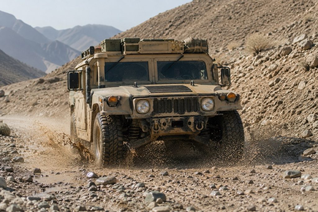 A Humvee navigating difficult off-road terrain with loose rocks and muddy tracks during a realistic military field operation under natural daylight.
