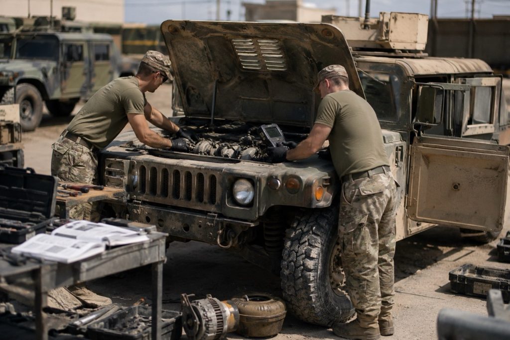 An aging military HMMWV traveling through rough terrain with mud, rocks, and uneven surfaces, highlighting long-term field performance and reliability.