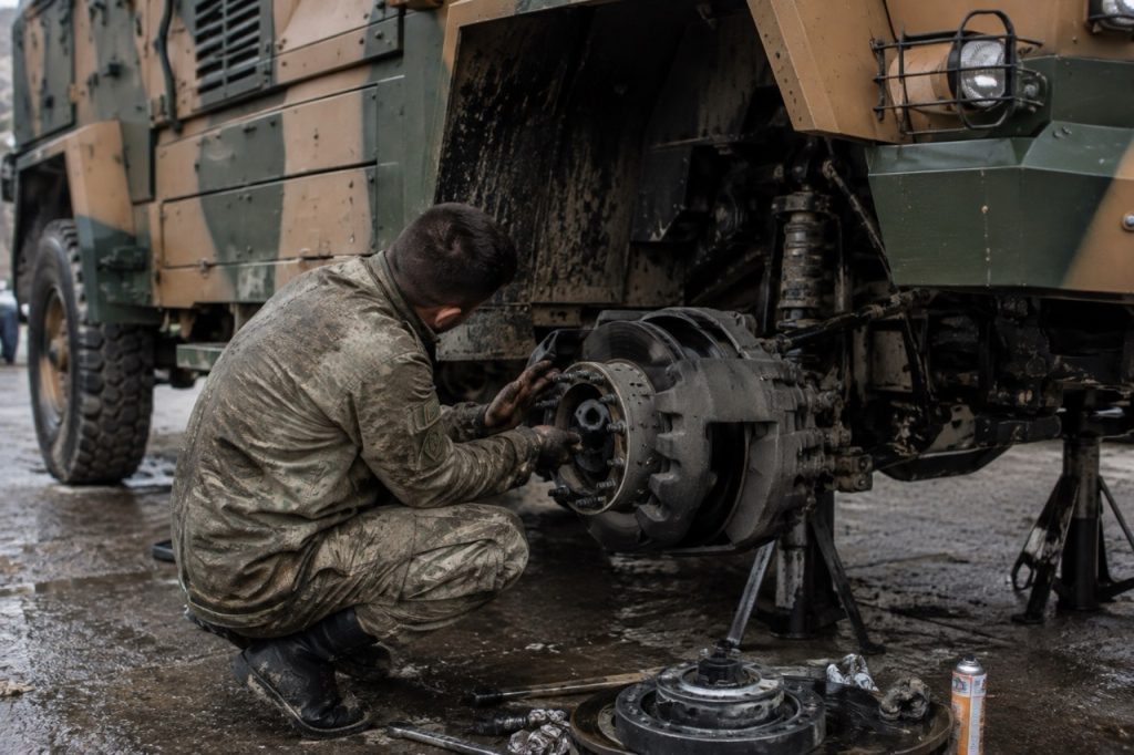 Military technicians inspecting the brake assembly of a BMC Kirpi MRAP during field maintenance to ensure reliable braking performance in demanding operational conditions.
