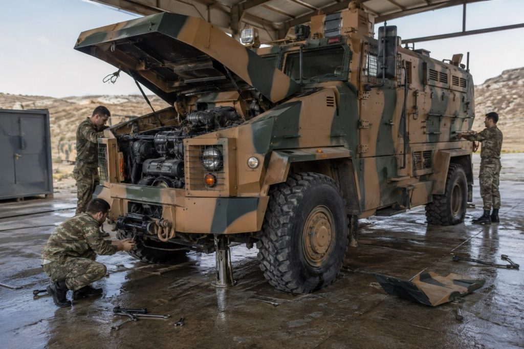 Close-up of maintenance personnel servicing the heavy-duty brake system of a BMC Kirpi MRAP during a military field repair operation in harsh terrain.