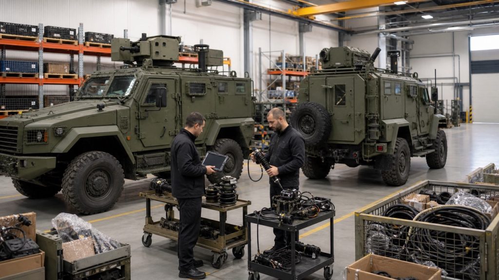 Logistics and maintenance personnel examine variant-specific components beside two differently configured Kirpi armored vehicles in an organized MRO facility.