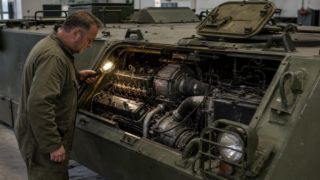 A mechanic inspecting the naturally aspirated Detroit Diesel 6V53 powerpack inside the front-right engine compartment of an M113A1.