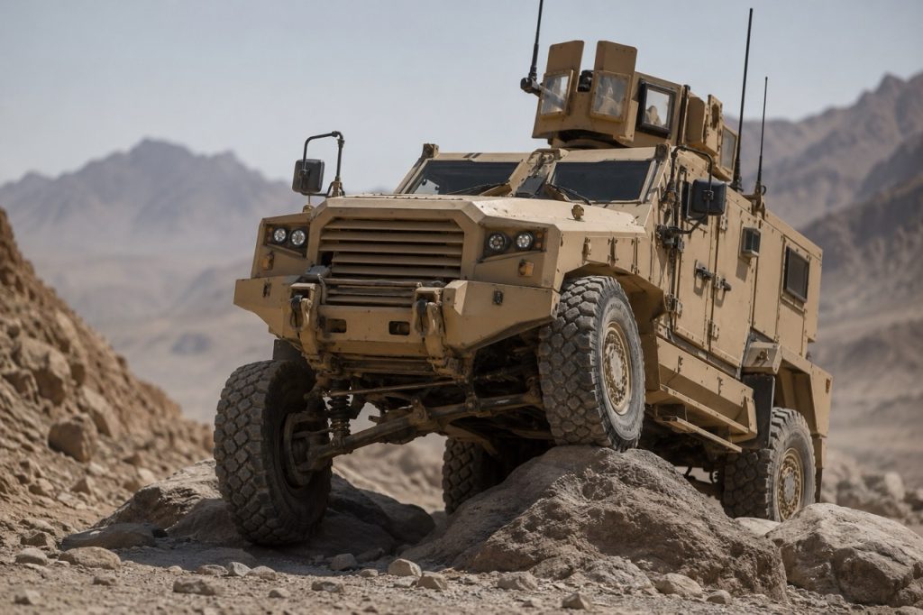 MRAP-class protected vehicle crossing uneven rocky terrain with visible suspension articulation and heavy-duty off-road mobility.