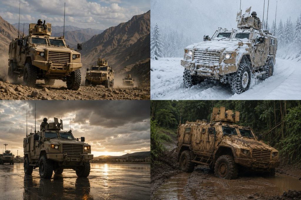 MRAP-class armored vehicles operating in desert, snow, rain and muddy terrain under demanding field conditions.