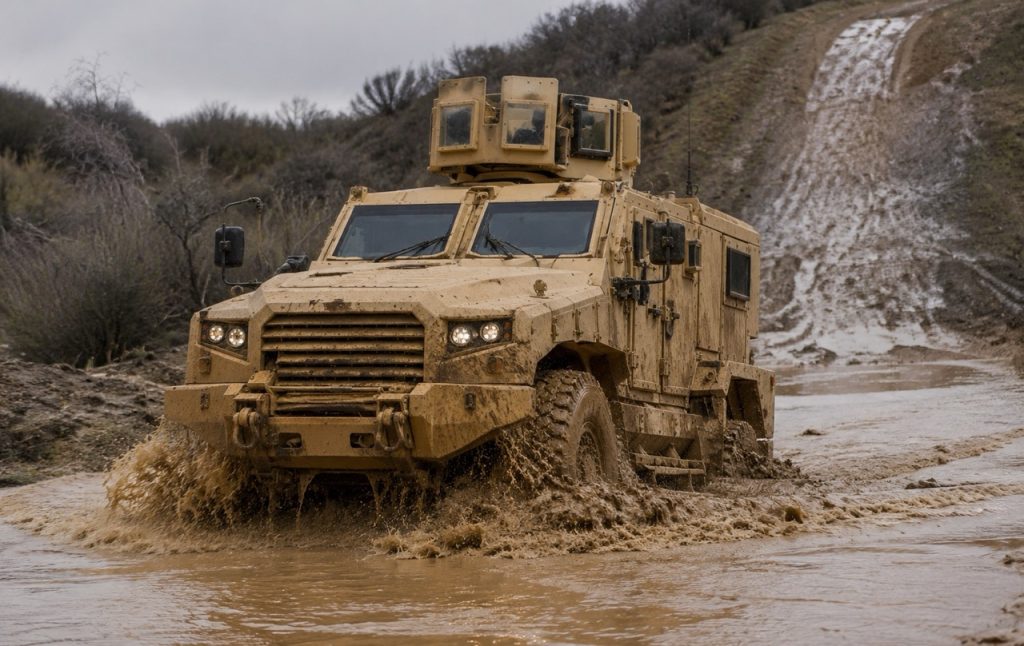 MRAP-class armored vehicle driving through deep muddy water during off-road field operations.