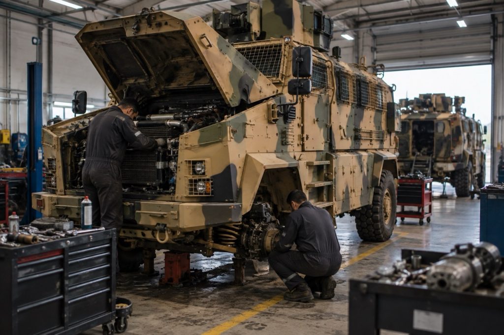 Véhicule militaire blindé BMC Kirpi en cours d'entretien dans un atelier professionnel de réparation, avec des techniciens qui entretiennent le moteur et les composants de suspension avant.
