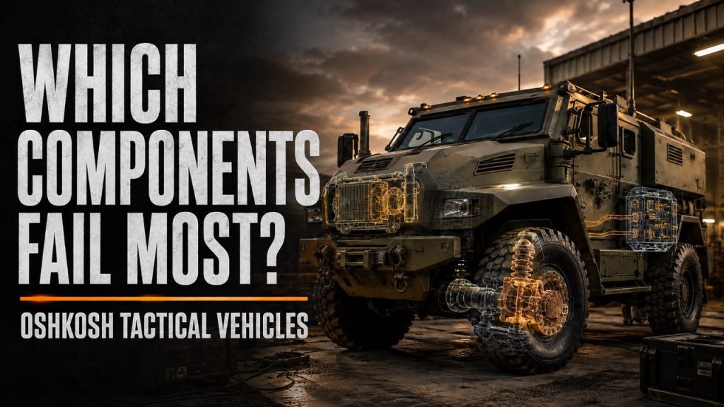 Oshkosh tactical vehicle with highlighted mechanical components and the headline Which Components Fail Most?