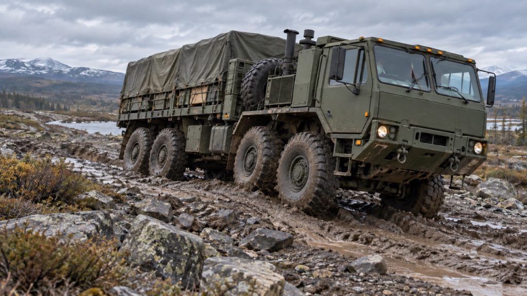 Camión militar pesado 8x8 Oshkosh que mantiene la tracción en terrenos barrocos y rocosos en condiciones de campo duras.