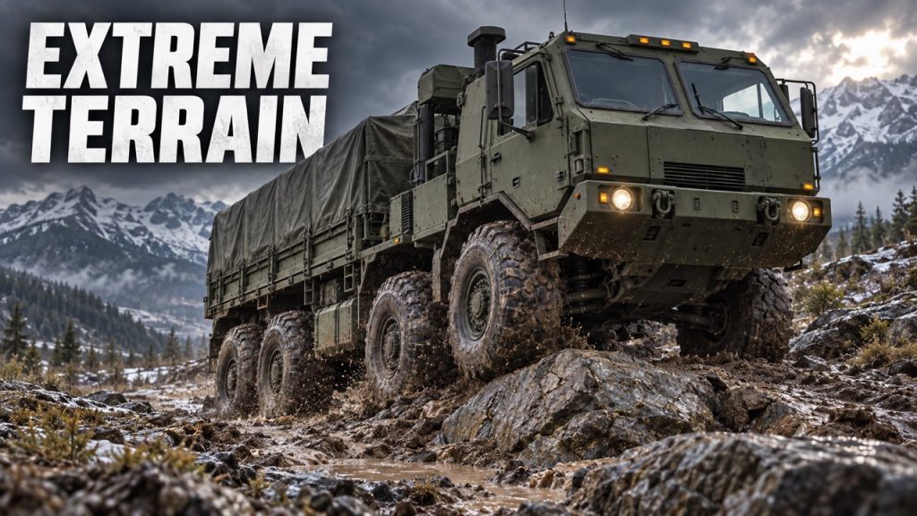 Oshkosh military truck climbing rocky ground beneath the words “Extreme Terrain” in a realistic field setting.
