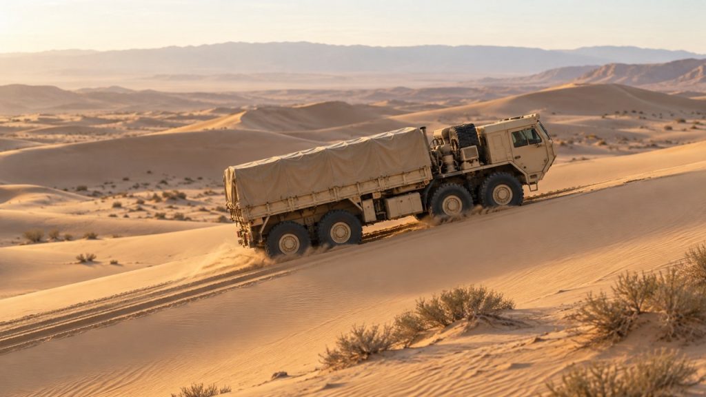 Camión militar Oshkosh de Tan-Desierto escalando una duna de arena suave usando su pesado tren de accionamiento 8x8 y sus neumáticos fuera de carretera.