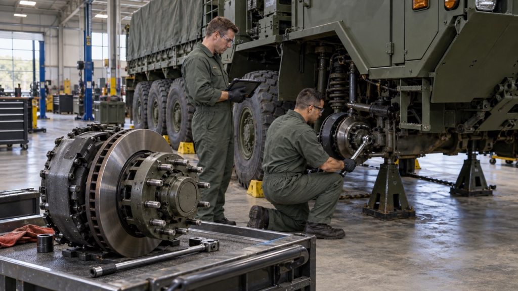 Dos técnicos que reparan un camión militar de Oshkosh como hub de rueda de repuesto y conjunto de frenos se sienta en primer plano.