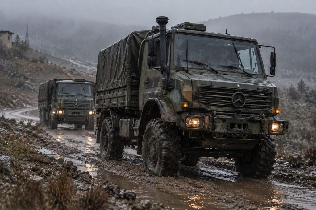 Deux camions militaires Unimog conduisent à travers des terrains humides et boueux hors route pendant des conditions pluvieuses difficiles.